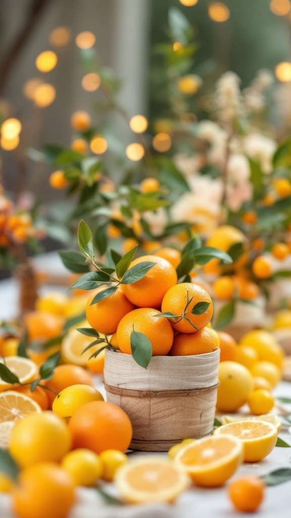 A wooden basket filled with oranges surrounded by slices of citrus fruits.