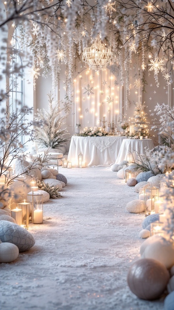 A beautifully decorated winter bridal shower space featuring snowy decor, candles, and elegant table settings.