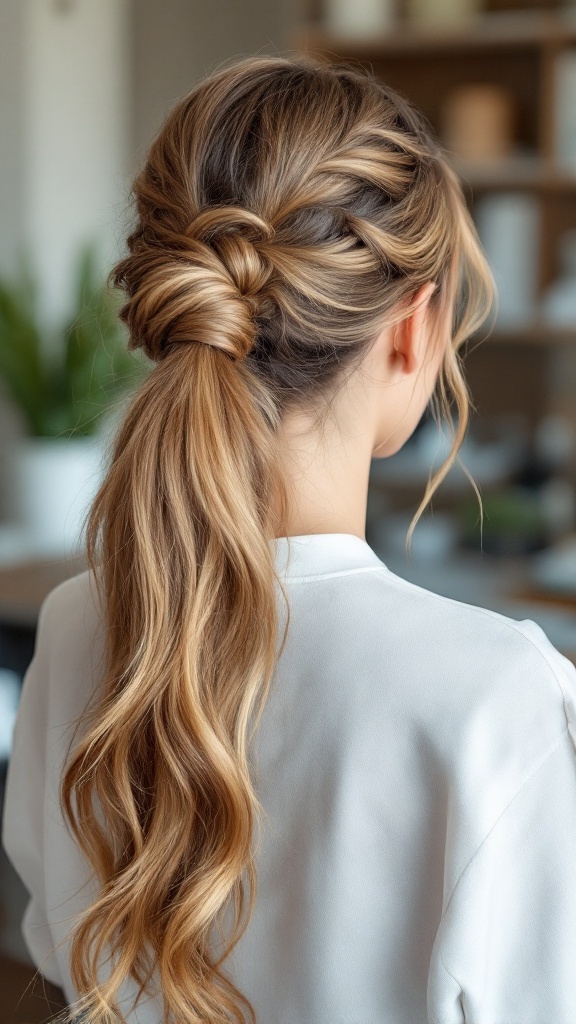 A stylish wrapped ponytail hairstyle for long hair with loose waves.