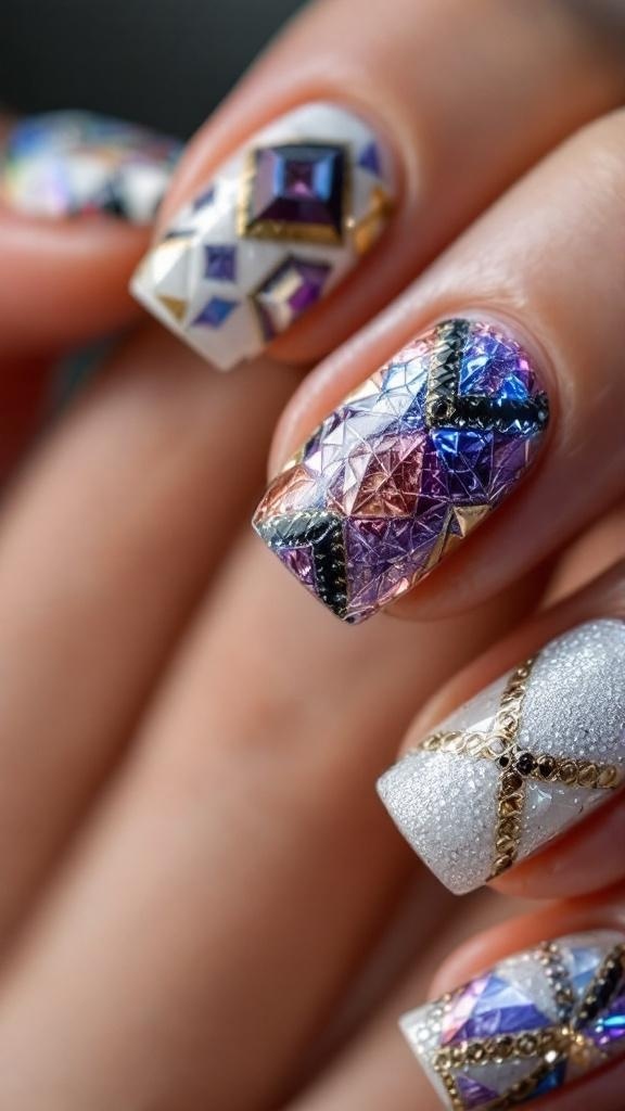 Close-up of 3D geometric nail art featuring a nude base with intricate designs and metallic accents.