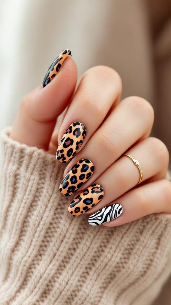 Close-up of hands with animal print nail art featuring leopard and zebra designs.