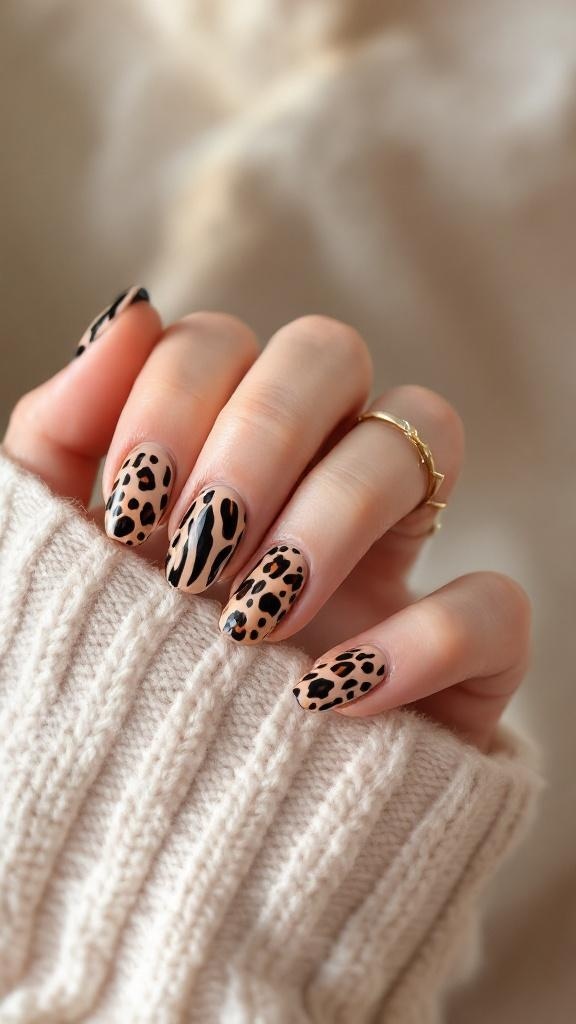 Close-up of short nails with leopard print design on a cozy sweater background.