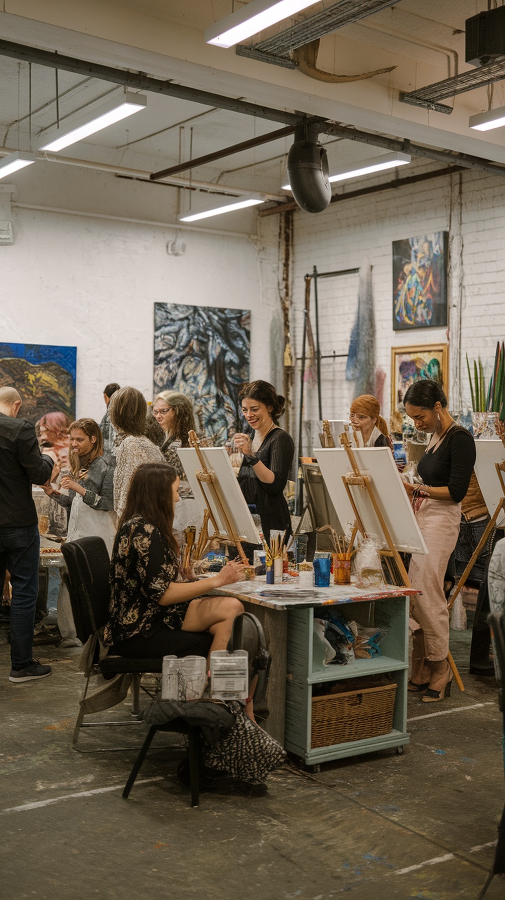 A lively art and wine night with guests painting and enjoying drinks in a creative studio.