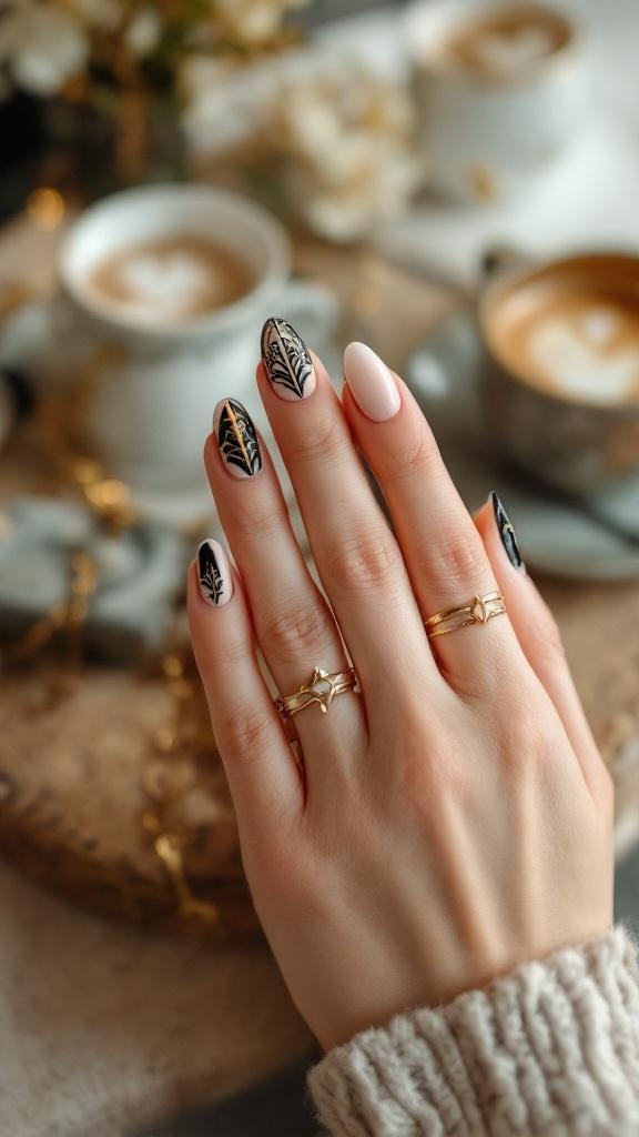 A hand with Art Deco inspired almond nails featuring black and nude colors, intricate designs, and gold rings, set against a cozy background with coffee cups.