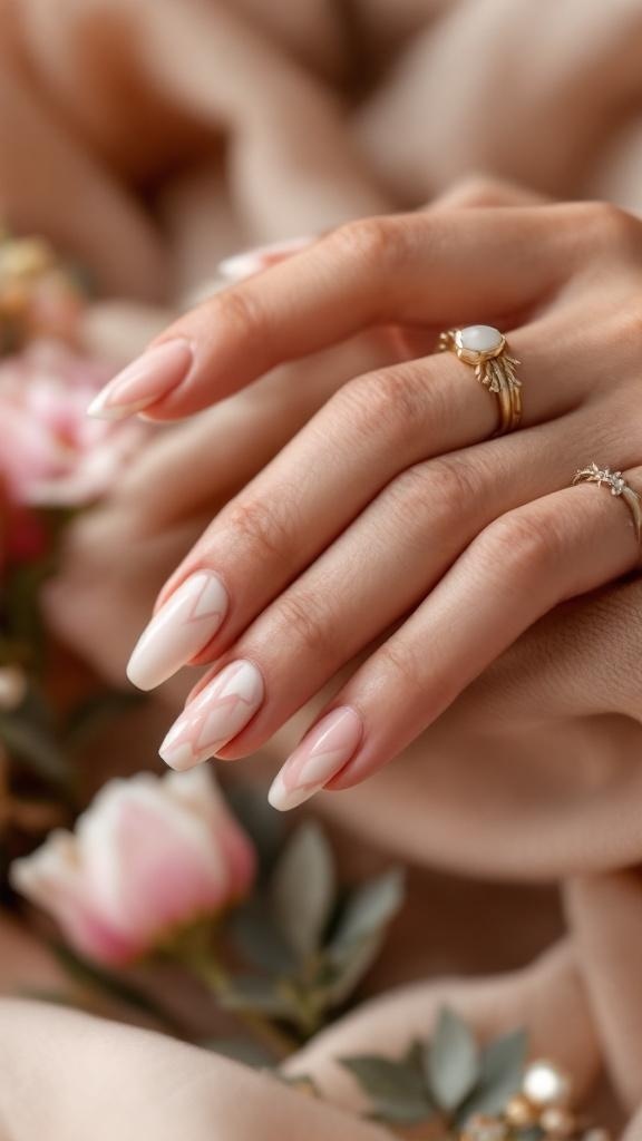 A close-up of a hand with elegant bridal nails featuring soft pink tones and geometric patterns, adorned with rings and surrounded by flowers.