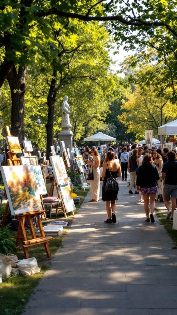 An outdoor gallery with art displays and guests enjoying the atmosphere.