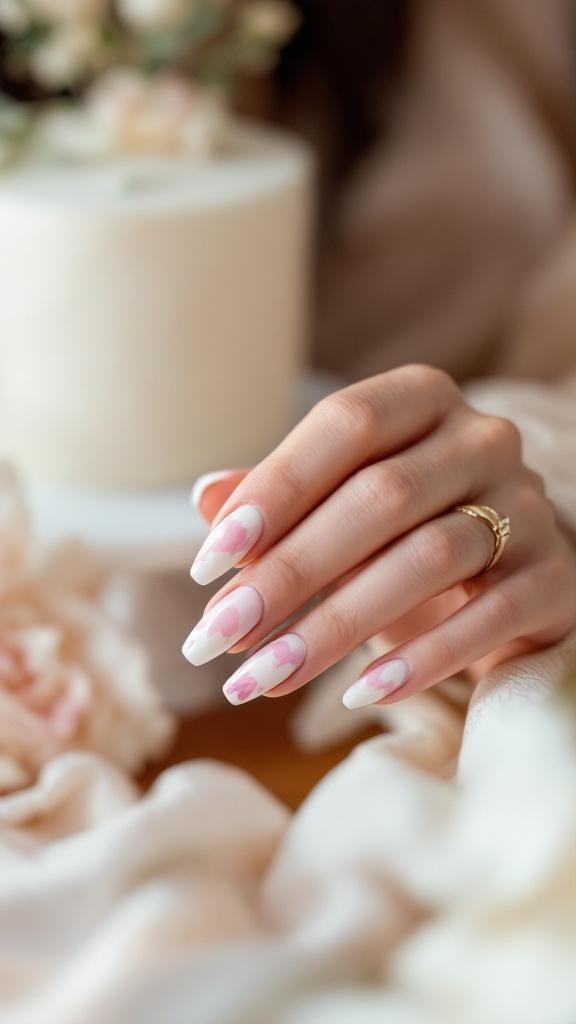 A close-up of artistic watercolor nails in pink and white, adorned with a simple ring.
