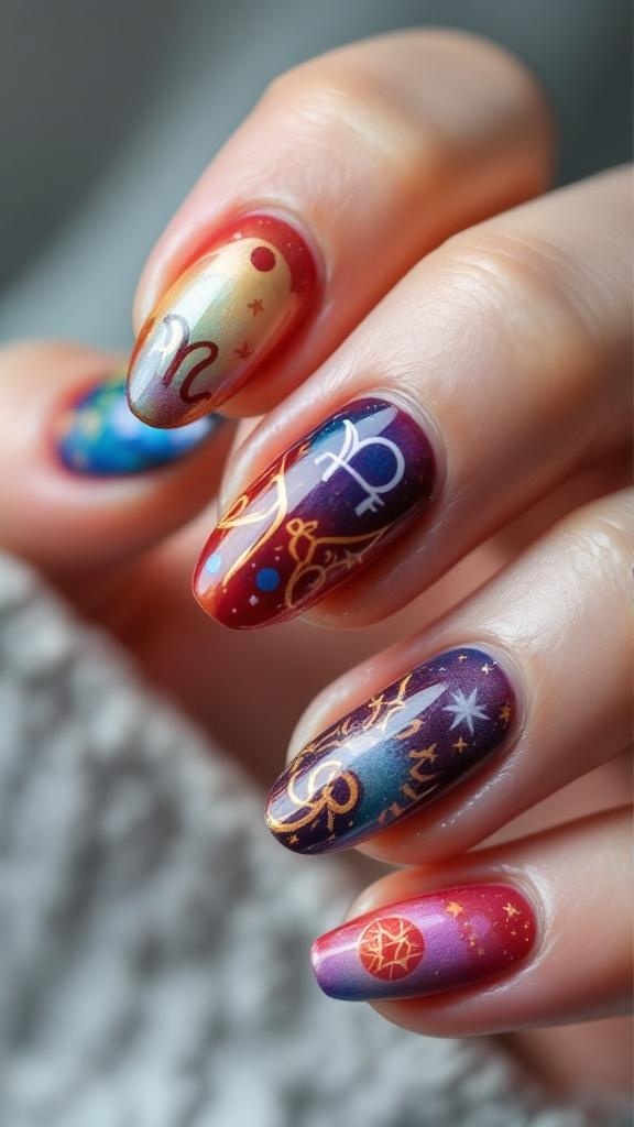 Nail art featuring astrological signs with colorful accents