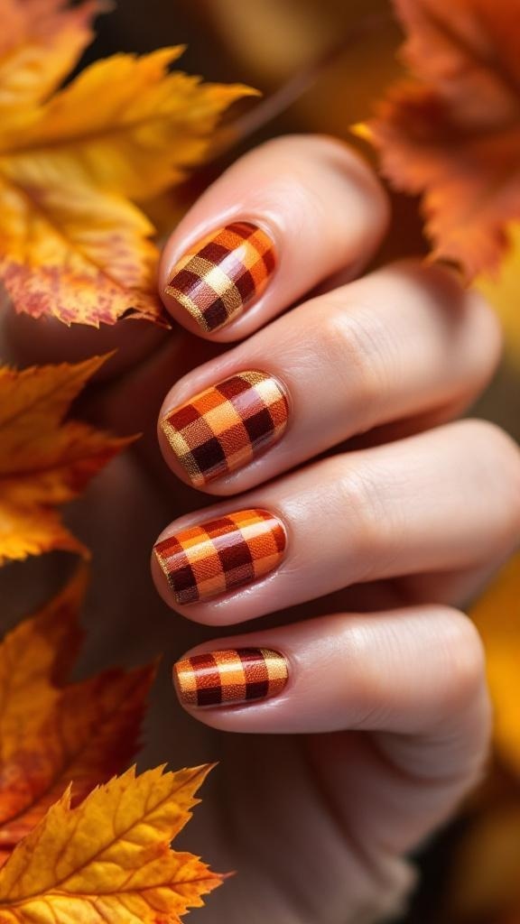 A hand with autumn-inspired checkered nails, surrounded by colorful autumn leaves and a cozy sweater.