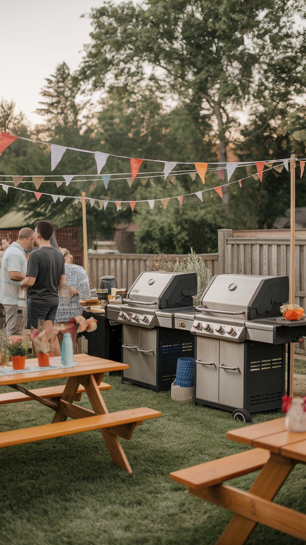 A backyard BBQ setup with grills, picnic tables, and festive bunting.