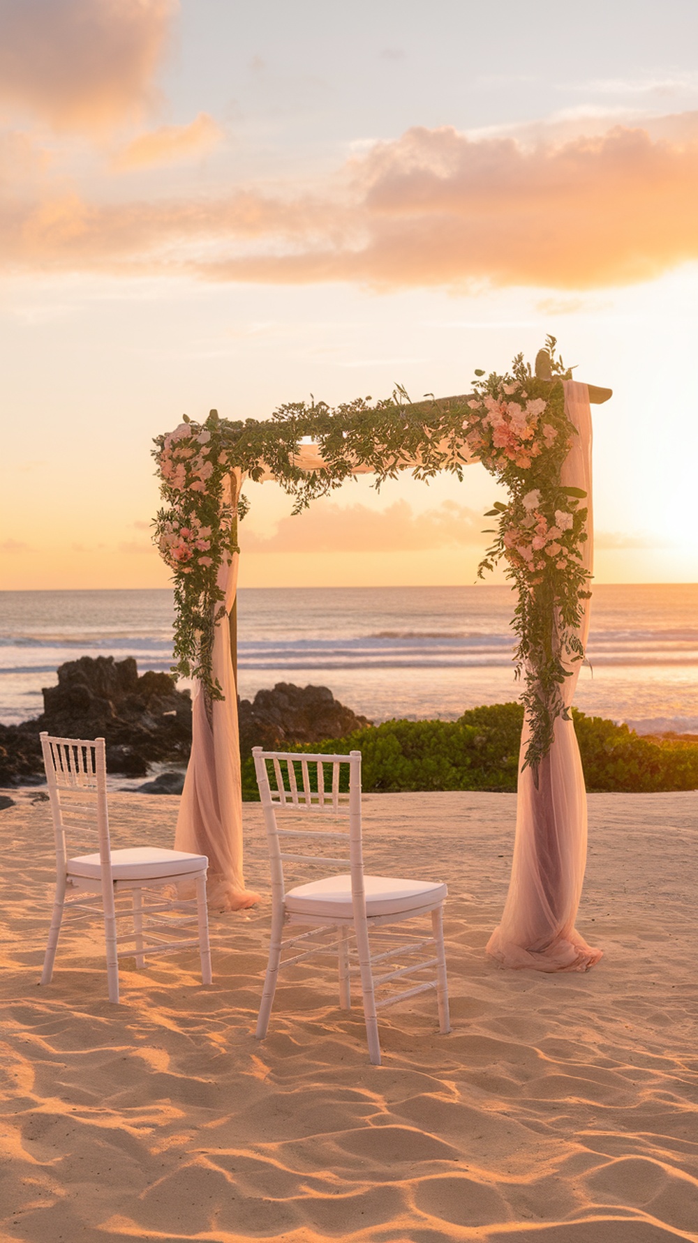 A romantic beachfront engagement setup with a floral arch and two white chairs at sunset.