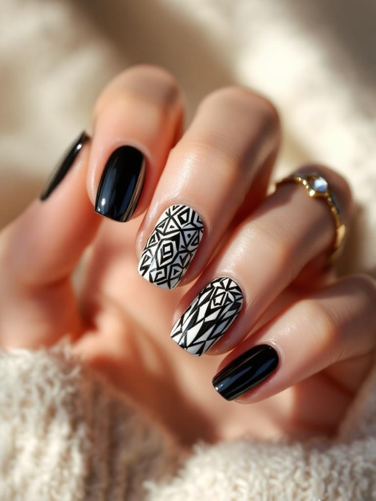 A hand with black nails and one nail featuring white geometric patterns.