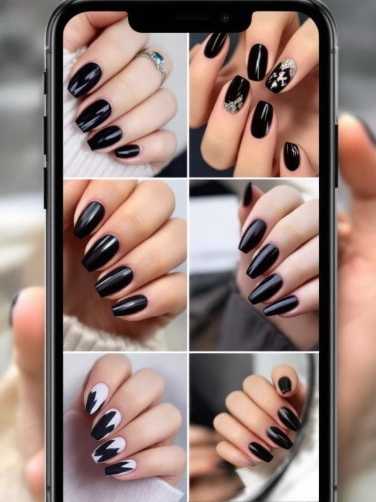 A close-up of a hand with black nails holding a cozy sweater, showcasing a stylish nail design.