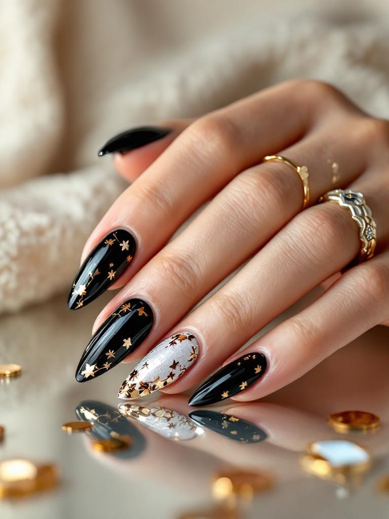 A hand with black nails featuring metallic gold foil accents and star designs.