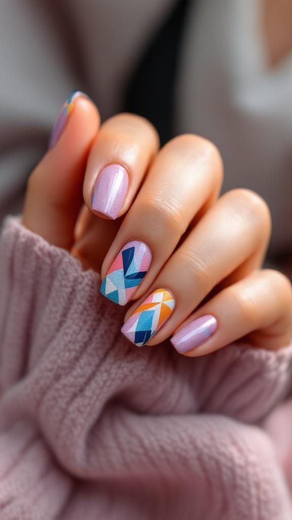 A hand with beautifully manicured nails featuring bold geometric patterns in vibrant colors.