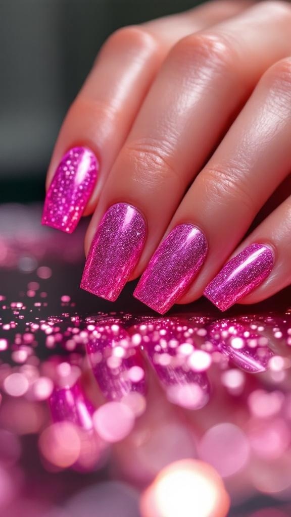 Close-up of hands with bold hot pink glitter nails, wearing rings, and a soft sweater.