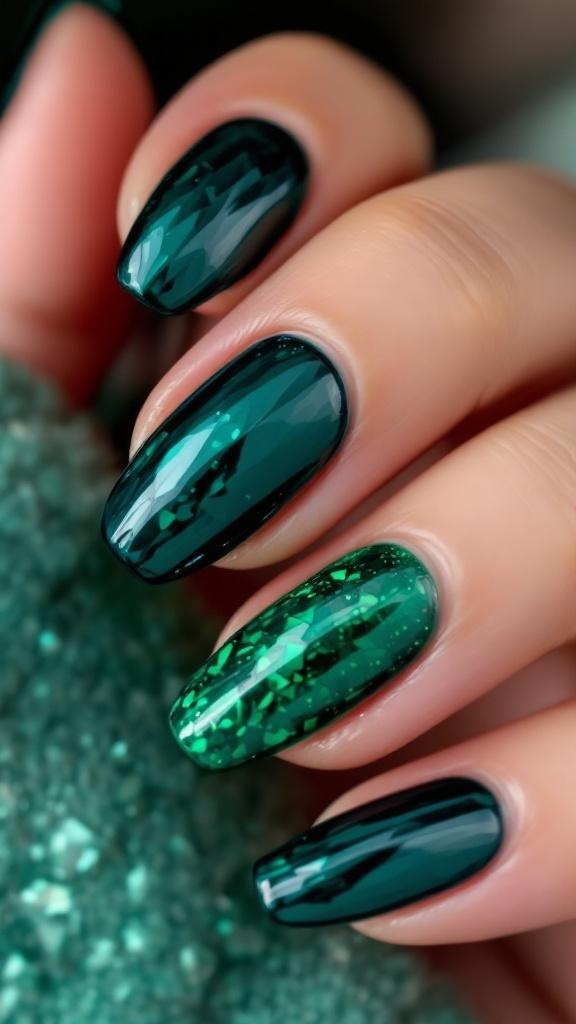 A hand with long, glossy green nails, wearing a cozy sweater.