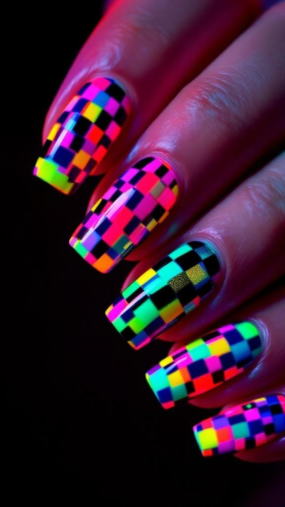 A close-up of bold neon checkered nail art featuring bright pink and blue colors with floral accents.