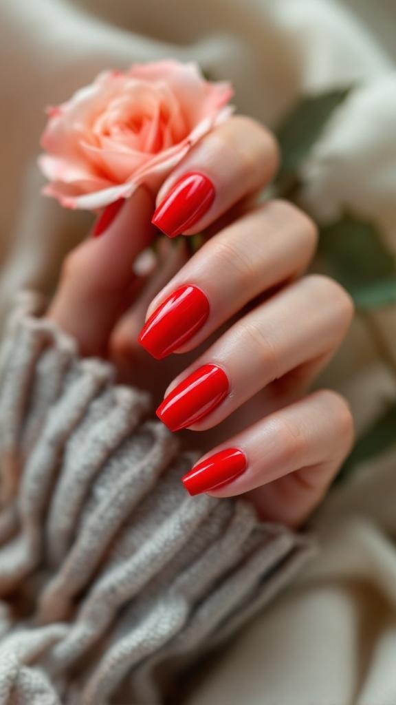 A close-up of hands with bold red nails holding a pink rose, showcasing a stylish bridal nail design.