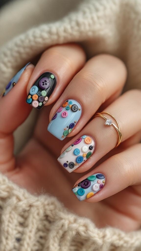 Nail art inspired by buttons, featuring colorful designs on a hand with a ring.