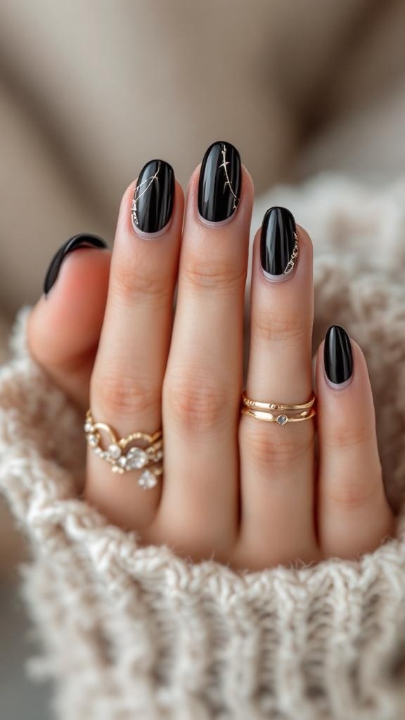 Close-up of manicured black stiletto nails with gold accents, showcasing elegance and style.