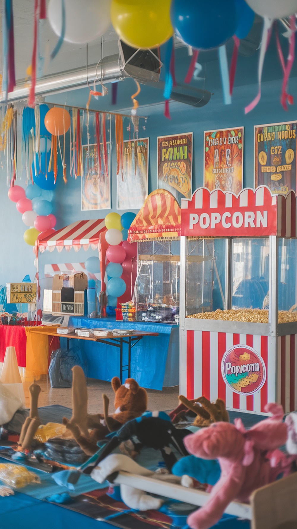 Carnival-themed engagement party setup with colorful decorations and a popcorn stand.