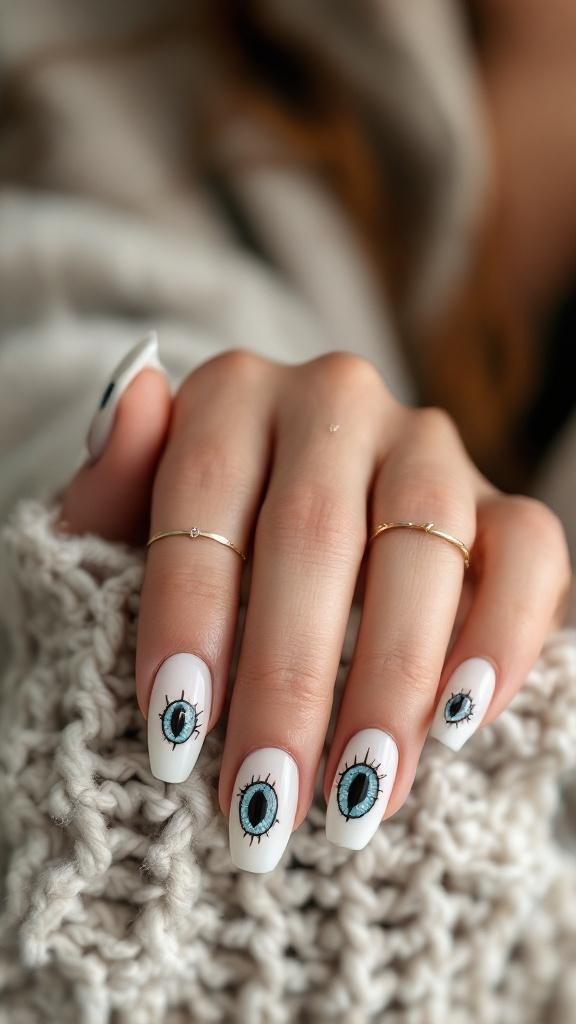 Nail art featuring cat eye designs on a white background