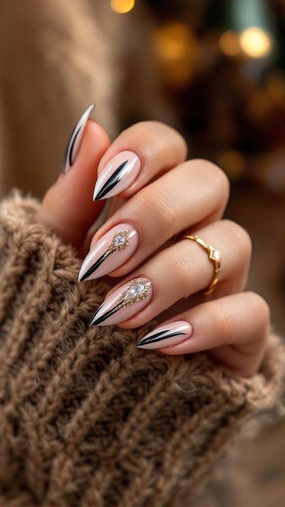 Stylish cat eye nails with black and nude tones, featuring a touch of sparkle.