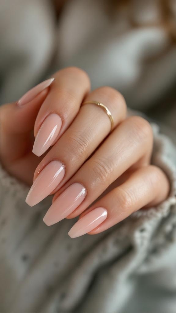Close-up of elegantly manicured nails with a soft pink base and shiny chrome tips.