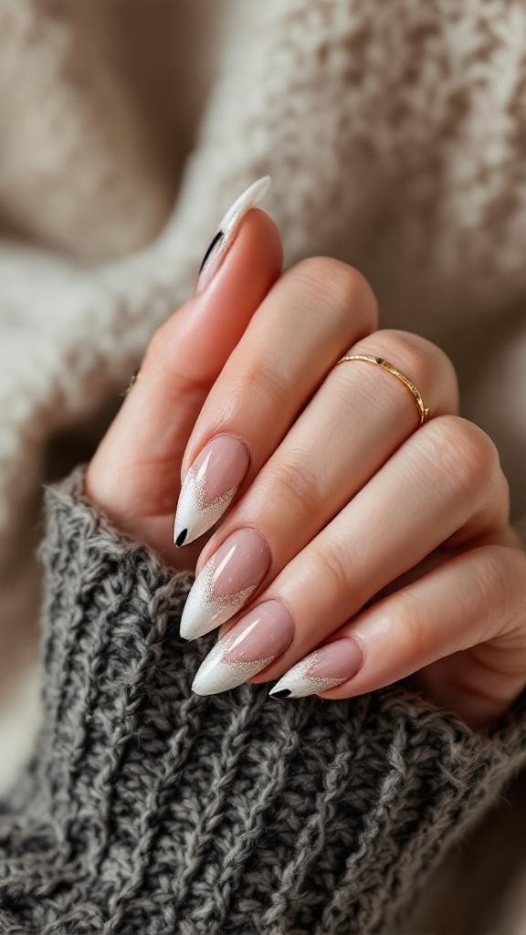 Close-up of cat eye nails featuring nude and white tips with black accents
