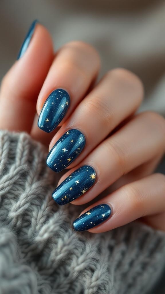 A close-up of a hand with blue nails featuring gold and white star patterns.