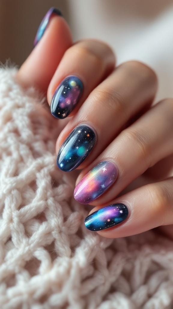 Close-up of hands with galaxy-themed nail art featuring deep blues and purples.