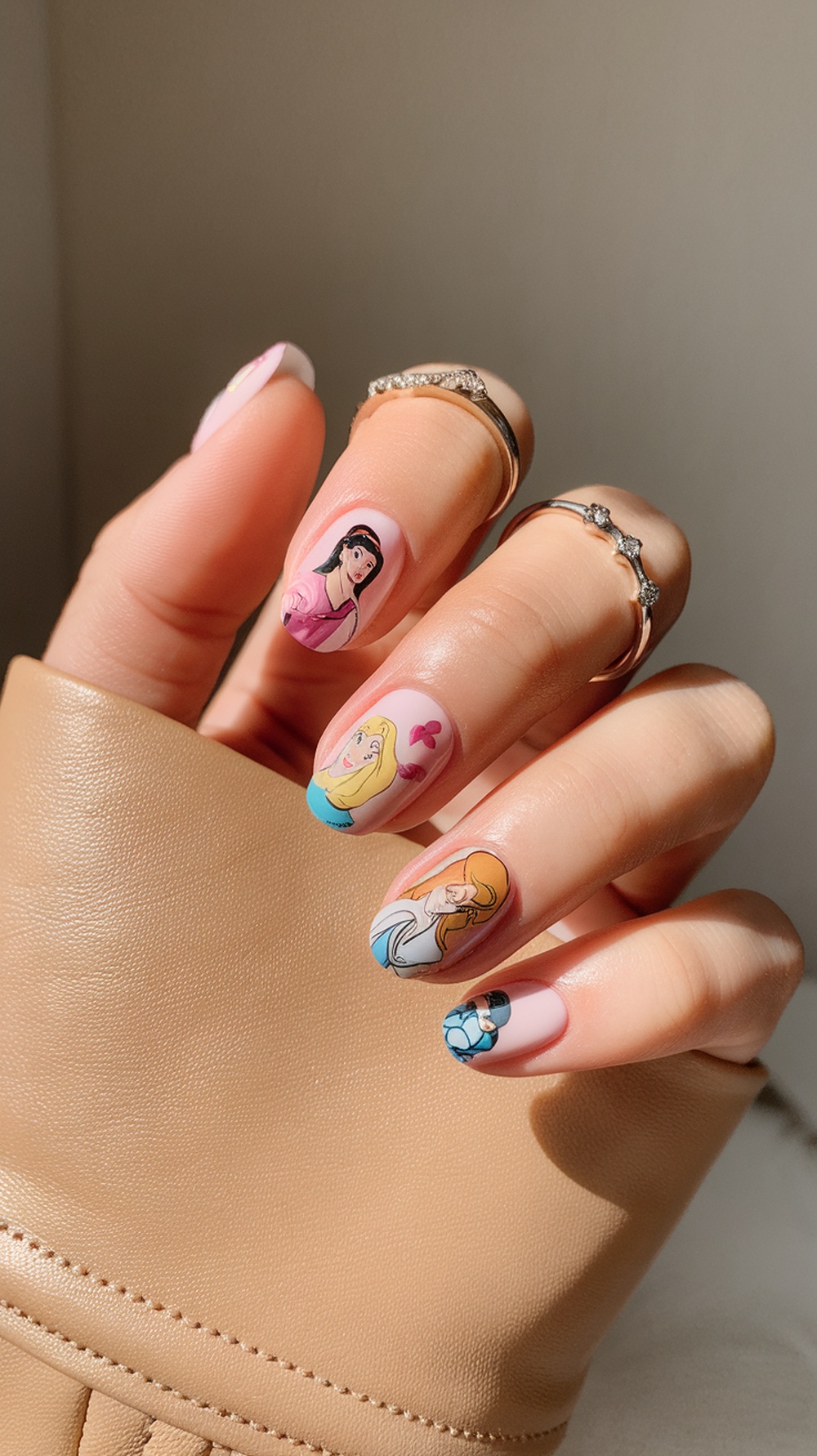Nail design featuring Disney princesses Mulan, Aurora, and Cinderella on a pink background.