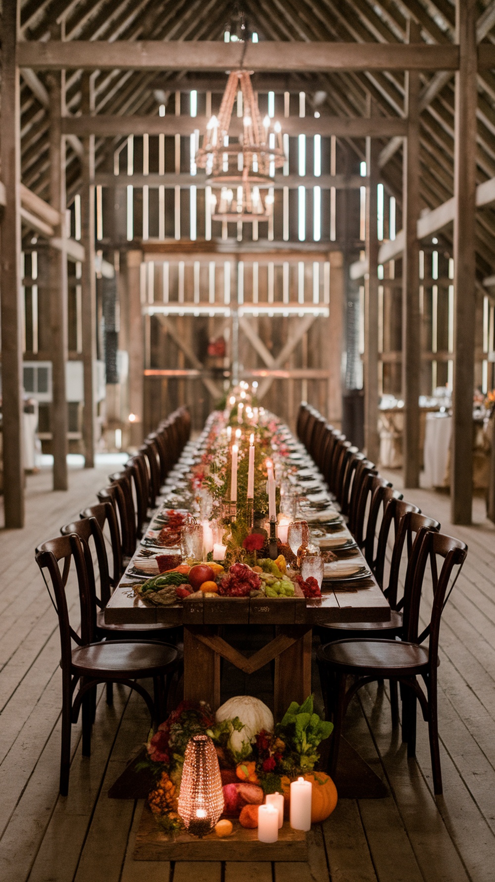 A beautifully set long table in a rustic barn, decorated with fresh fruits, vegetables, and candles for a summer engagement party.