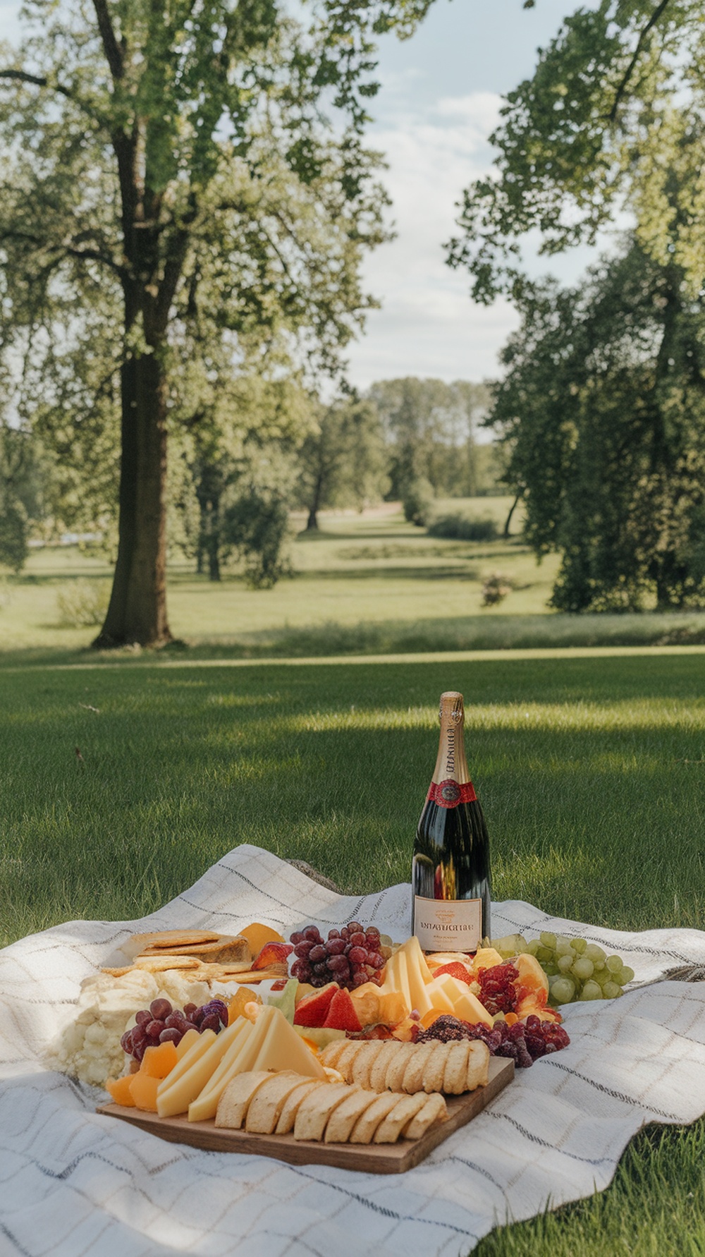 A picnic setup in a park featuring a blanket with a variety of cheeses, fruits, and a bottle of sparkling wine.