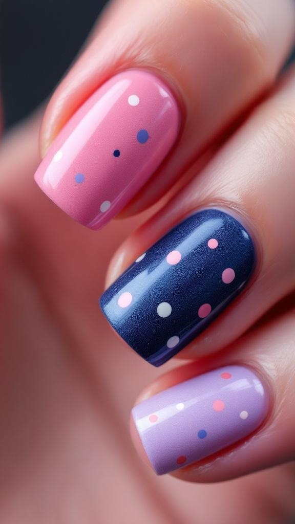 A close-up of a hand with Coraline-inspired polka dot nails featuring orange and black dots on a light background, adorned with a delicate ring.