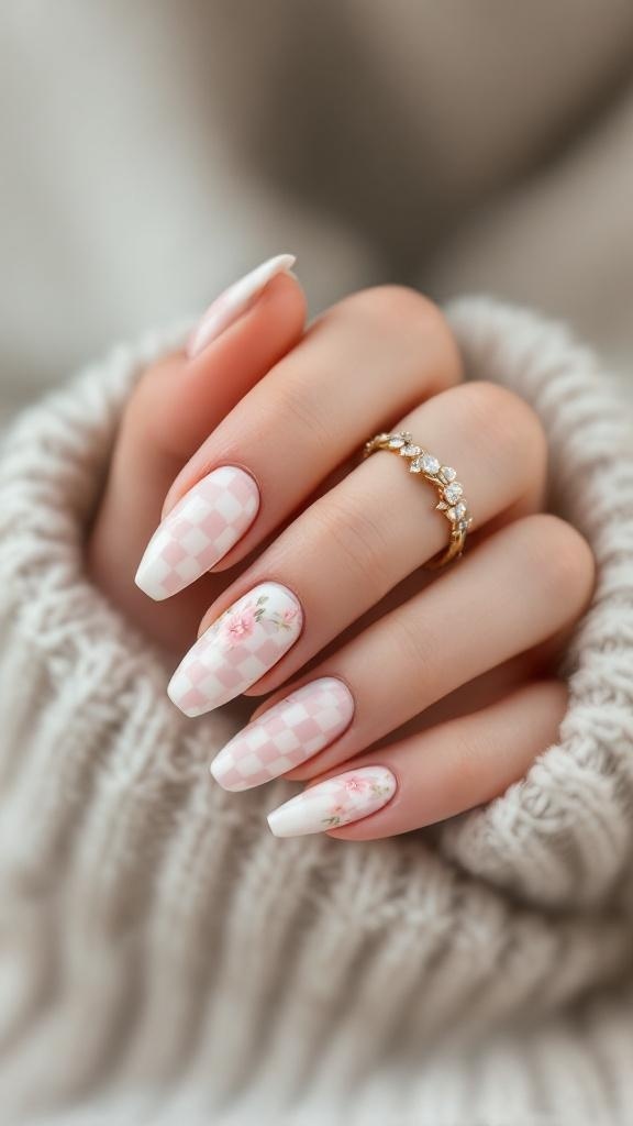 A hand with checkered pink nails and floral accents, wearing a delicate ring, resting on a cozy sweater.