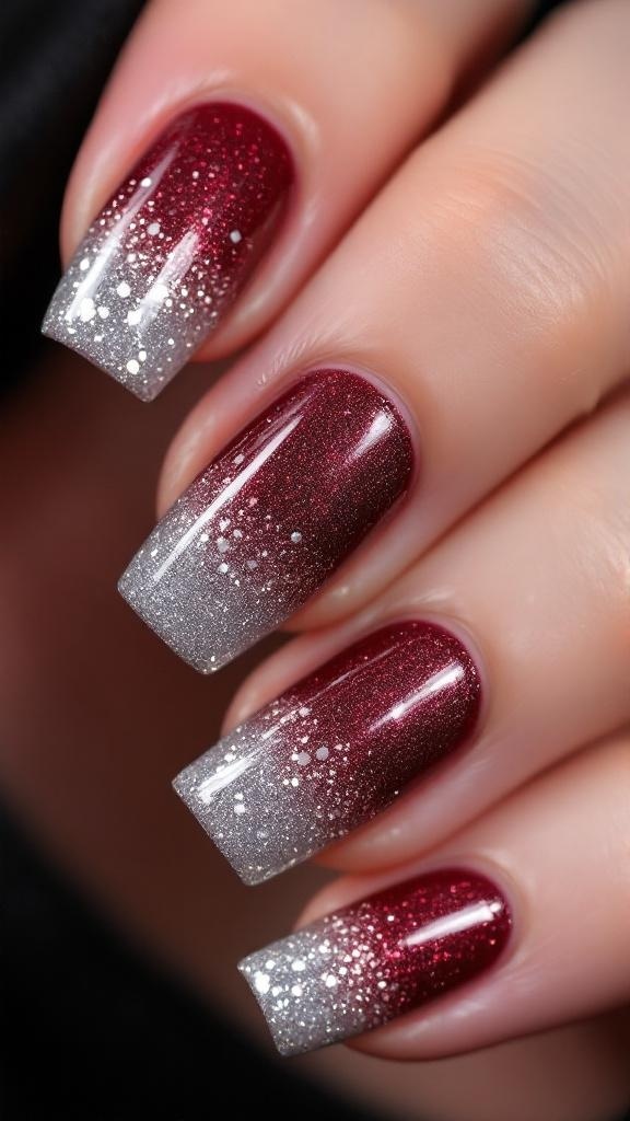 A hand with cherry wine colored nails featuring glitter accents, adorned with gold rings.