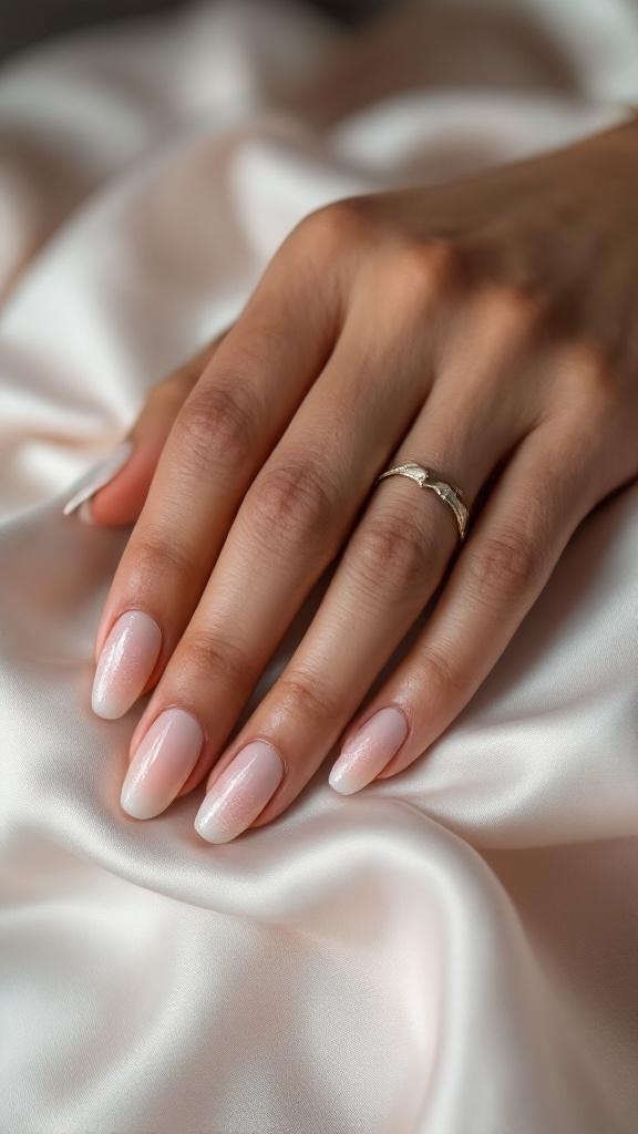 A close-up of a hand with chic glitter fade bridal nails, featuring a soft pink base and glitter tips, resting on a silky fabric.