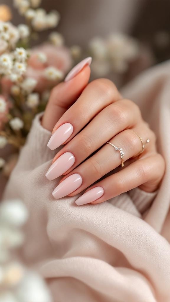 Chic matte finish gel nails in soft pink with pointed shape, set against a floral background.