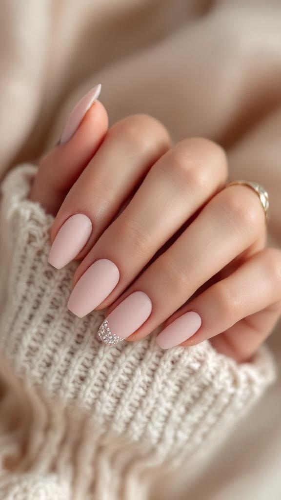 Chic matte finish nails in soft pink with rhinestones on a cozy sweater background.