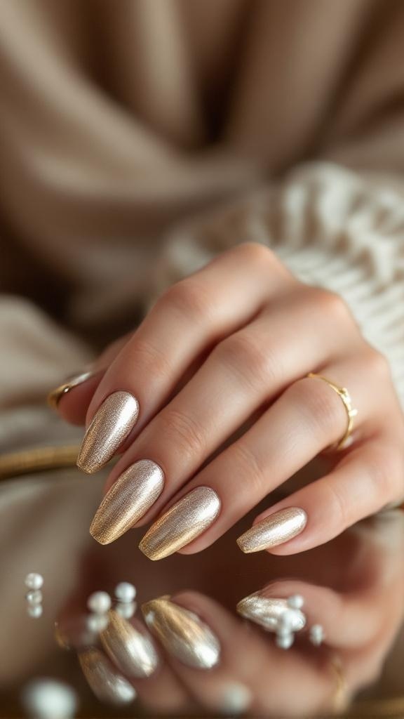 Close-up of a hand with metallic gold nails, showcasing a chic and elegant style.