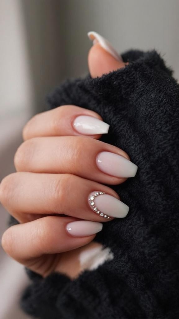 Close-up of hands with chic minimalist bling nails and rings