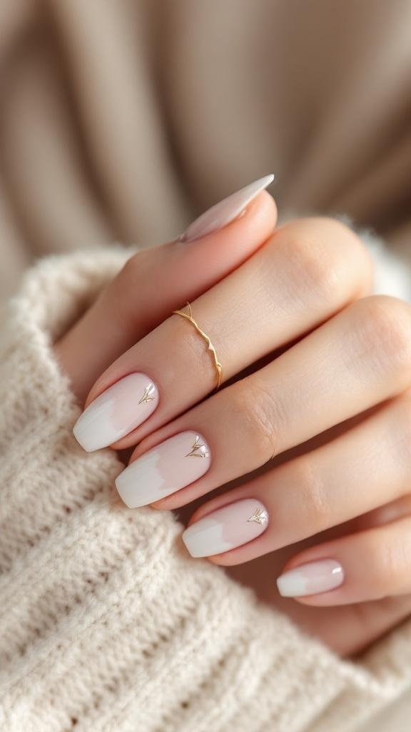 A close-up of short nails featuring a soft ombre design with gold accents, resting on a cozy sweater.