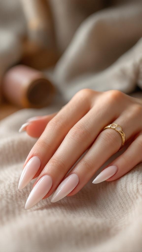A close-up of a hand with stiletto nails in a nude shade, adorned with a delicate ring.