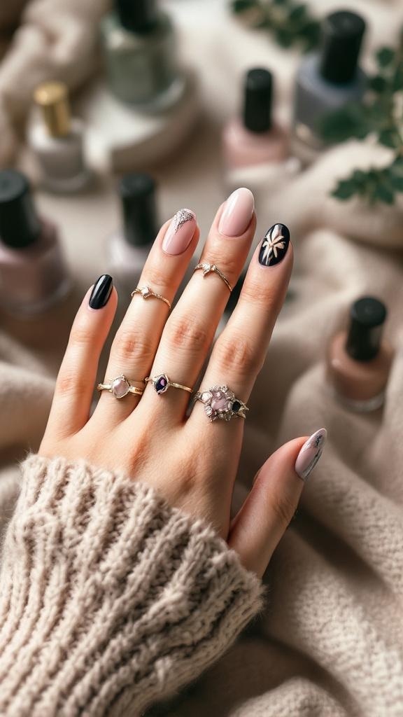 A hand with stylish nails featuring a mix of colors and designs, showcasing cat eye nail polish with rings on fingers.