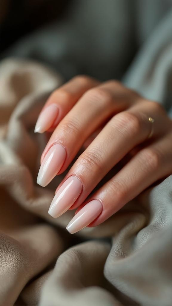 A close-up of a hand with chrome French tip nails resting on soft fabric.