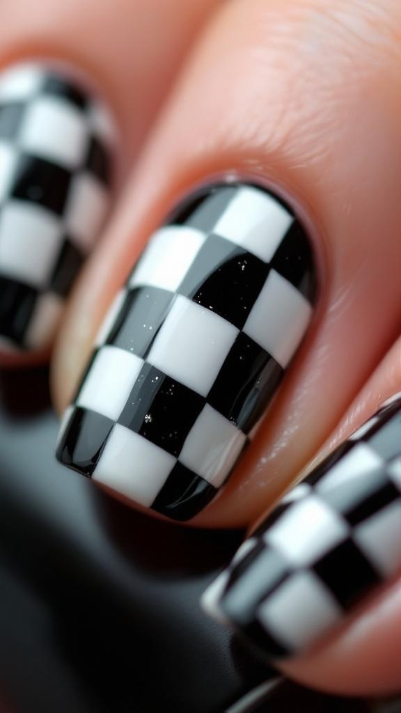 A hand with classic black and white checkered nails, wearing a simple gold ring, against a cozy background.