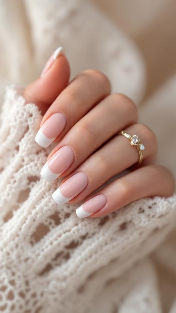 A hand with classic French tip nails, featuring a soft pink base and white tips, adorned with a delicate ring, resting on a lace fabric.