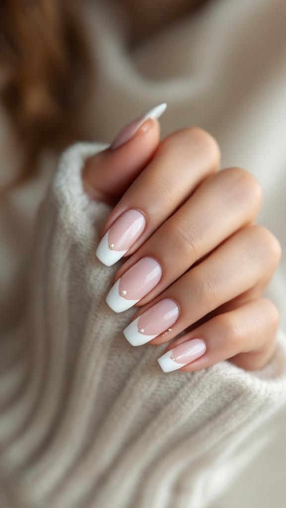 Elegant French tip nails with a soft pink base and white tips, adorned with small gems.